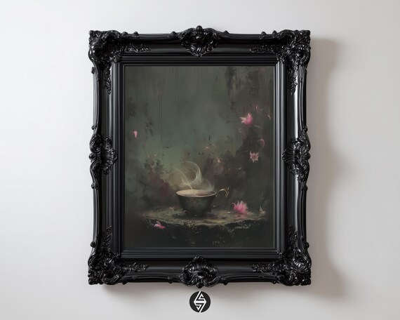 Moody Teacup Still Life Vintage With Petals Gothic Kitchen Wall Art Dark Academia Instant
