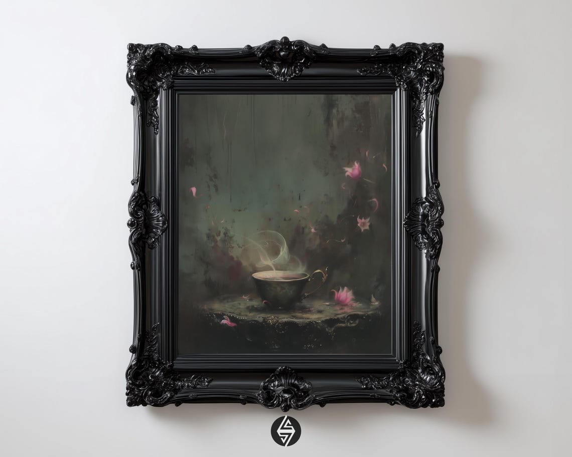 Moody Teacup Still Life Vintage Petals Gothic Dark Kitchen Art Poster