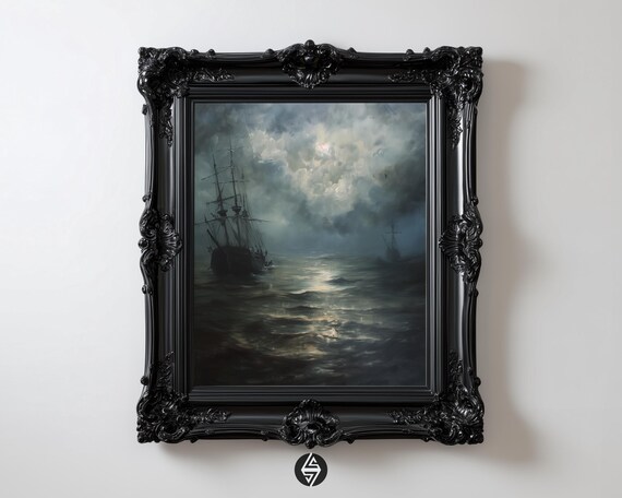 Dark Academia Ship Print Stormy Ocean Art Gothic Painting Moody Nautical Landscape Atmospheric Oil
