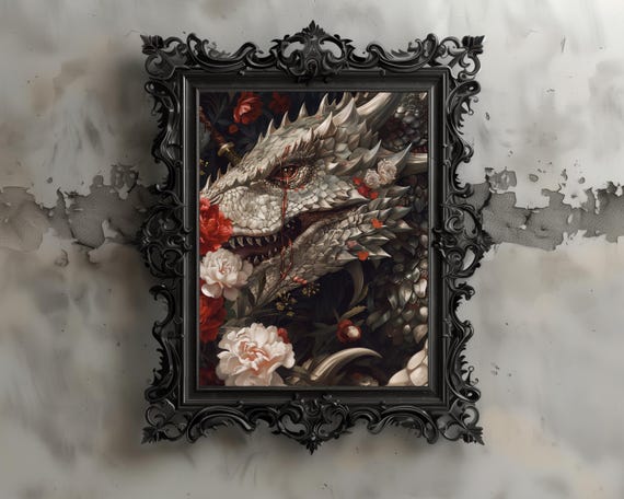 Gothic Dragon And Roses Wall Art Dark Fantasy Print