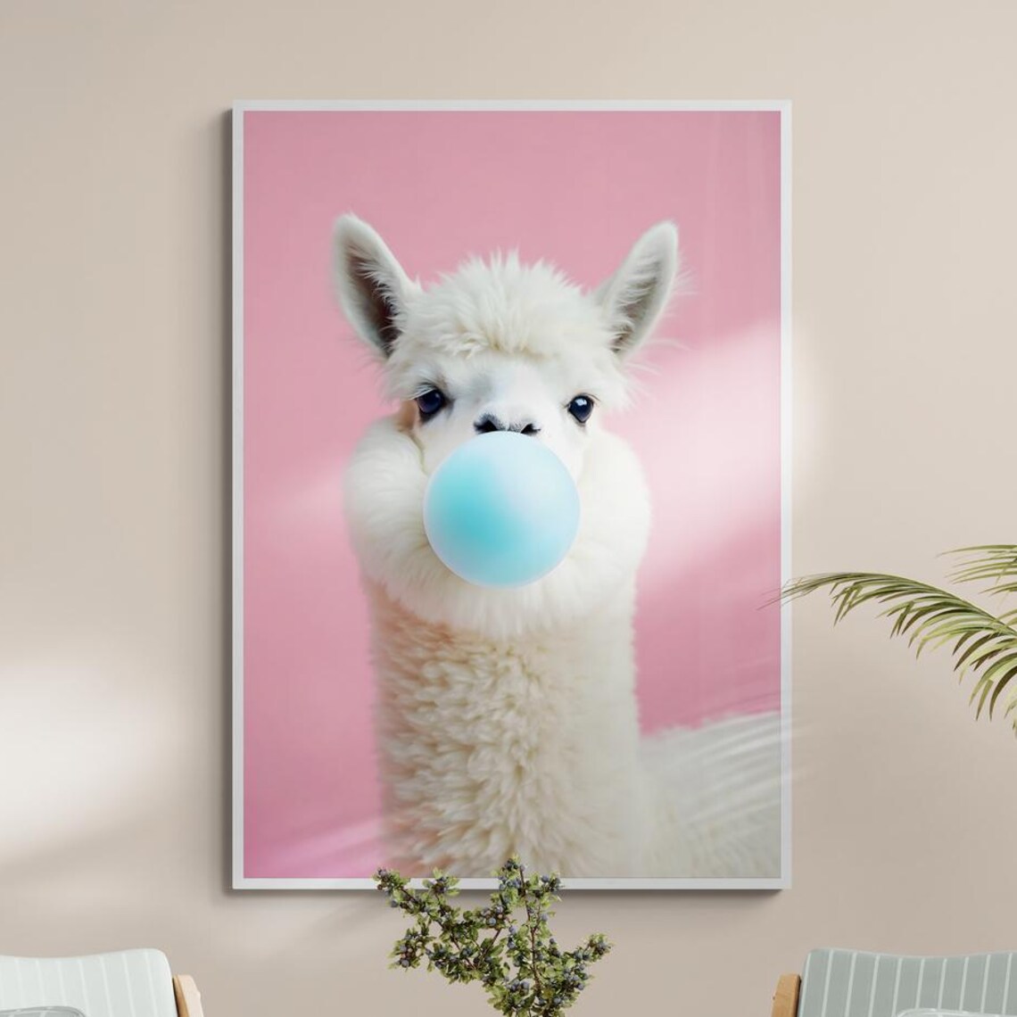 Alpaca Bubble Gum Portrait Animal Art Print