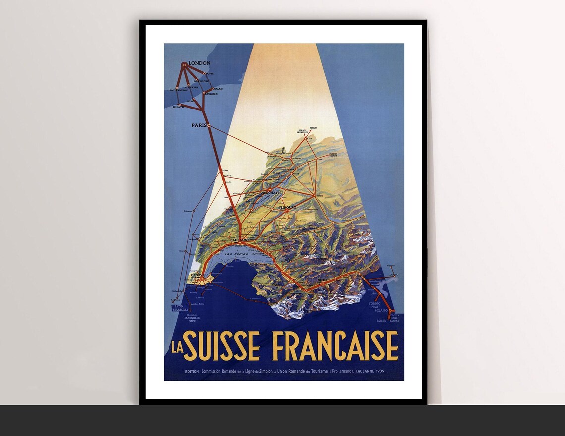 La Suisse Francaise Railway Map Switzerland Vintage Travel Poster