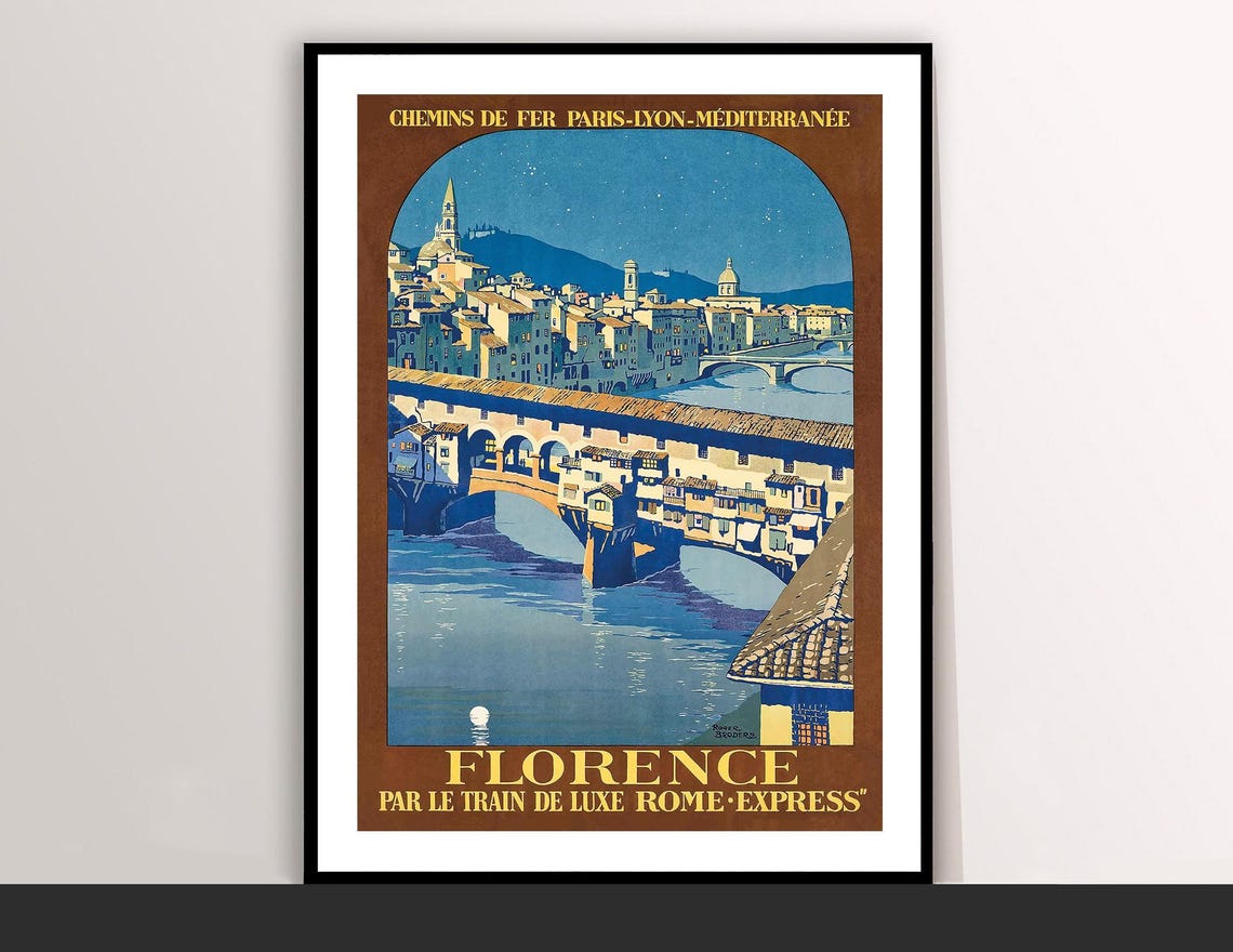 Florence Italy Ponte Vecchio Night Rome Express Travel Poster