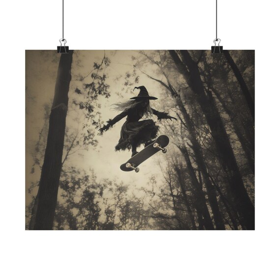 Witch Skateboard Trick in Dark Forest Spooky Halloween Poster