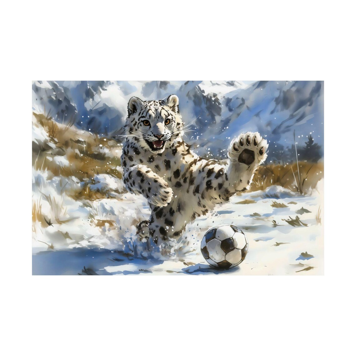 Snow Leopard Soccer Watercolor Painting Snowy Mountain Kick Action Poster - Image 2