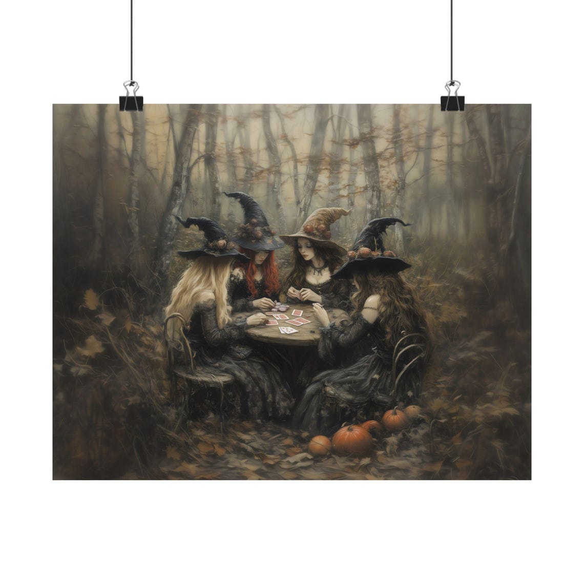 Four Witches Playing Cards Autumn Forest Pumpkins Halloween Poster