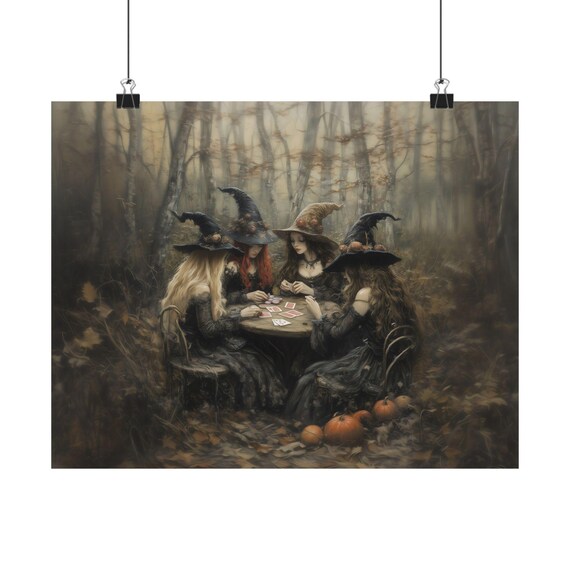 Four Witches Playing Cards Autumn Forest Pumpkins Halloween Poster