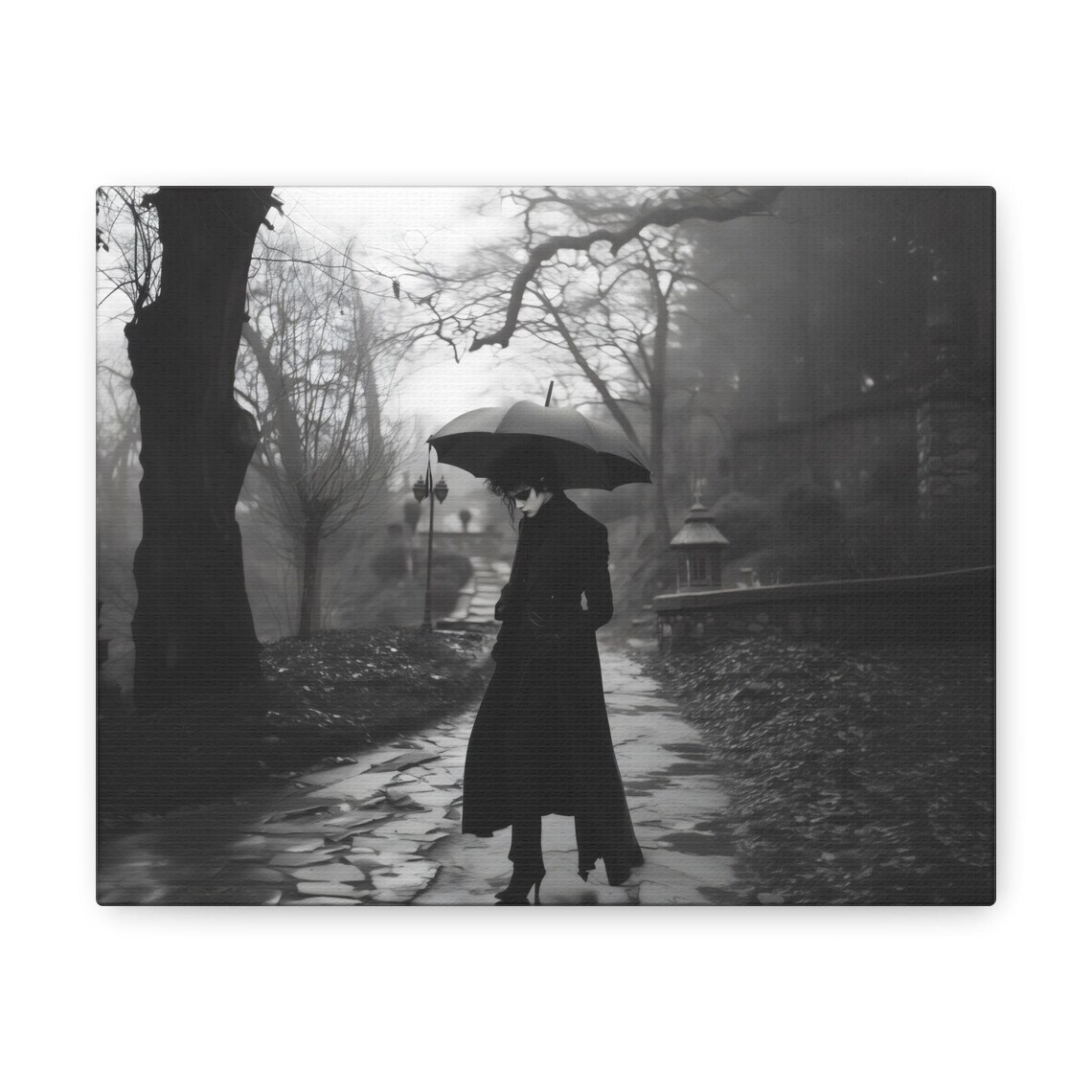Black and White Gothic Figure with Umbrella in a Misty Park Vintage Poster - Image 2