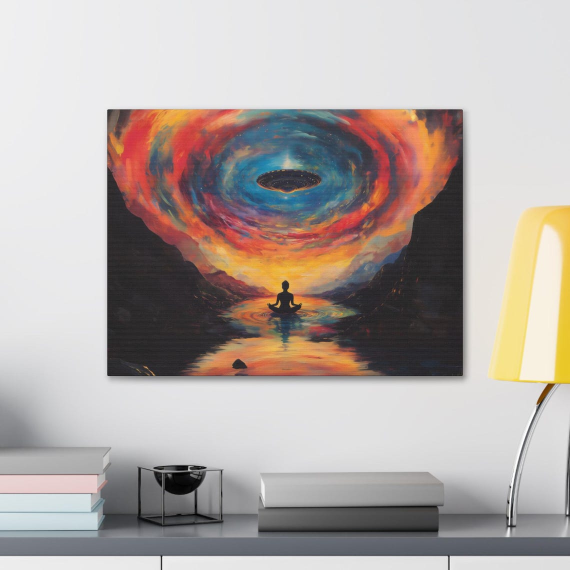 Swirling Galaxy Vortex With UFO Above Meditating Figure Print - Image 2