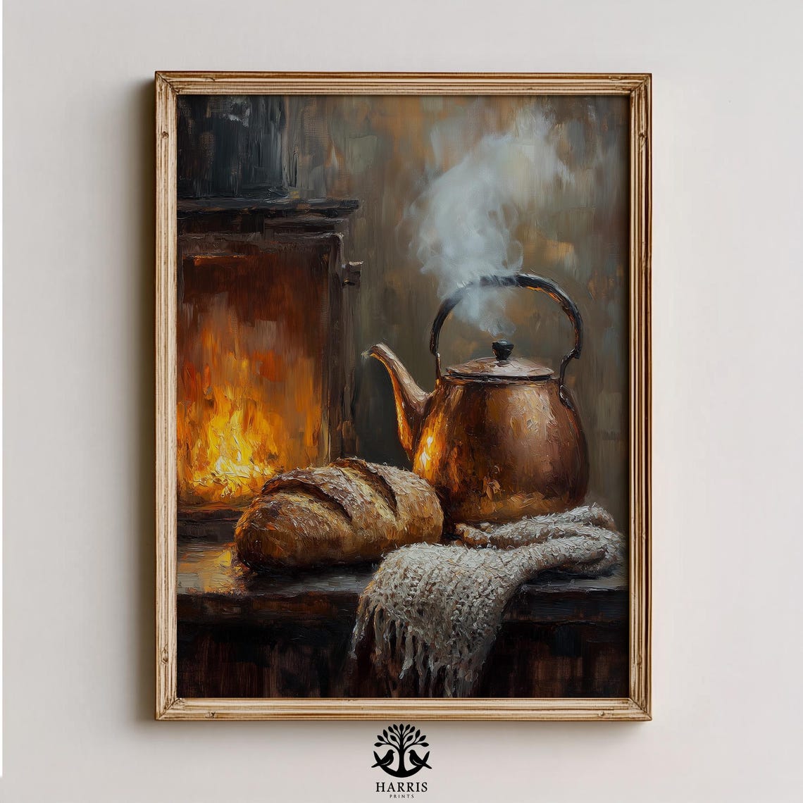 Steaming Copper Kettle by a Glowing Fireplace Farmhouse Poster