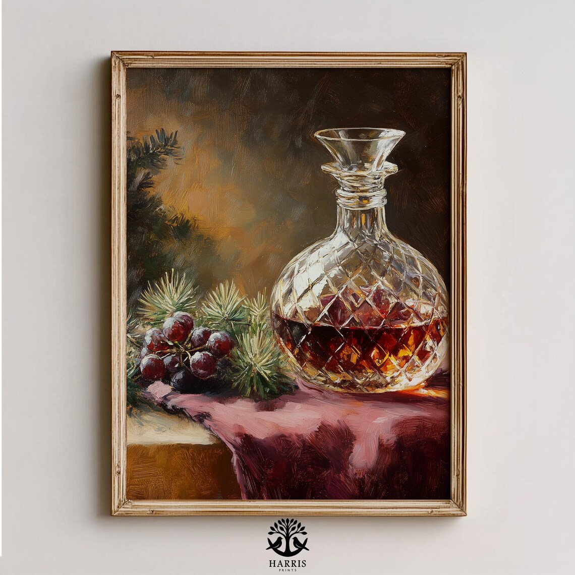 Crystal Decanter Still Life Amber Wine Grapes Moody Oil Poster