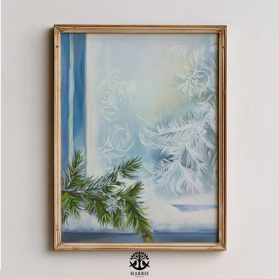Frosty Windowpane With Icecrystal Patterns Winter Wall Art Realistic Rustic Decor Serene Scene 471