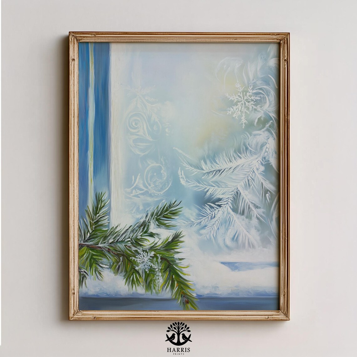 Frosty Windowpane With Ice Crystals Pine Branch Winter Wonderland Poster