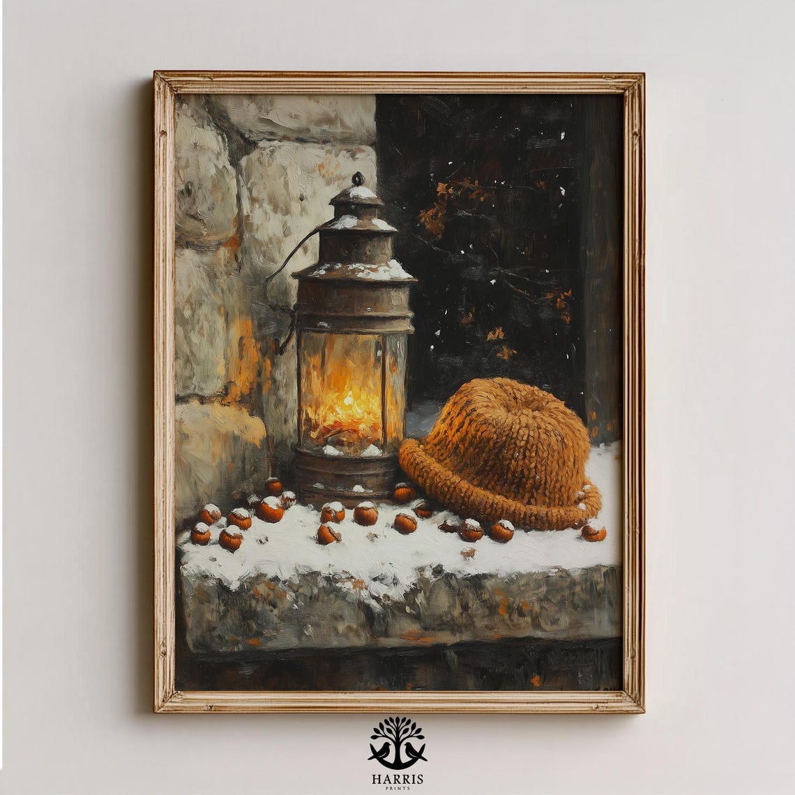 Cozy Winter Lantern Candlelight Rustic Still Life Oil Poster