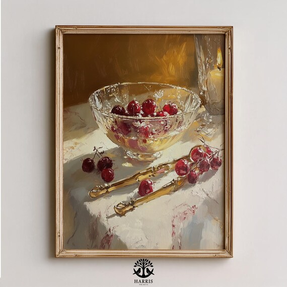 Vintage Cherry Still Life Crystal Bowl With Golden Tongs Art Poster