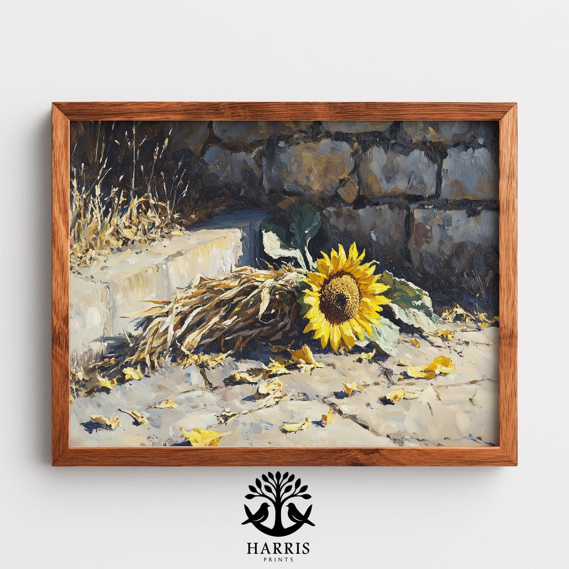 Fallen Sunflower Corn Husk Stone Steps Moody Rustic Botanical Wall Art