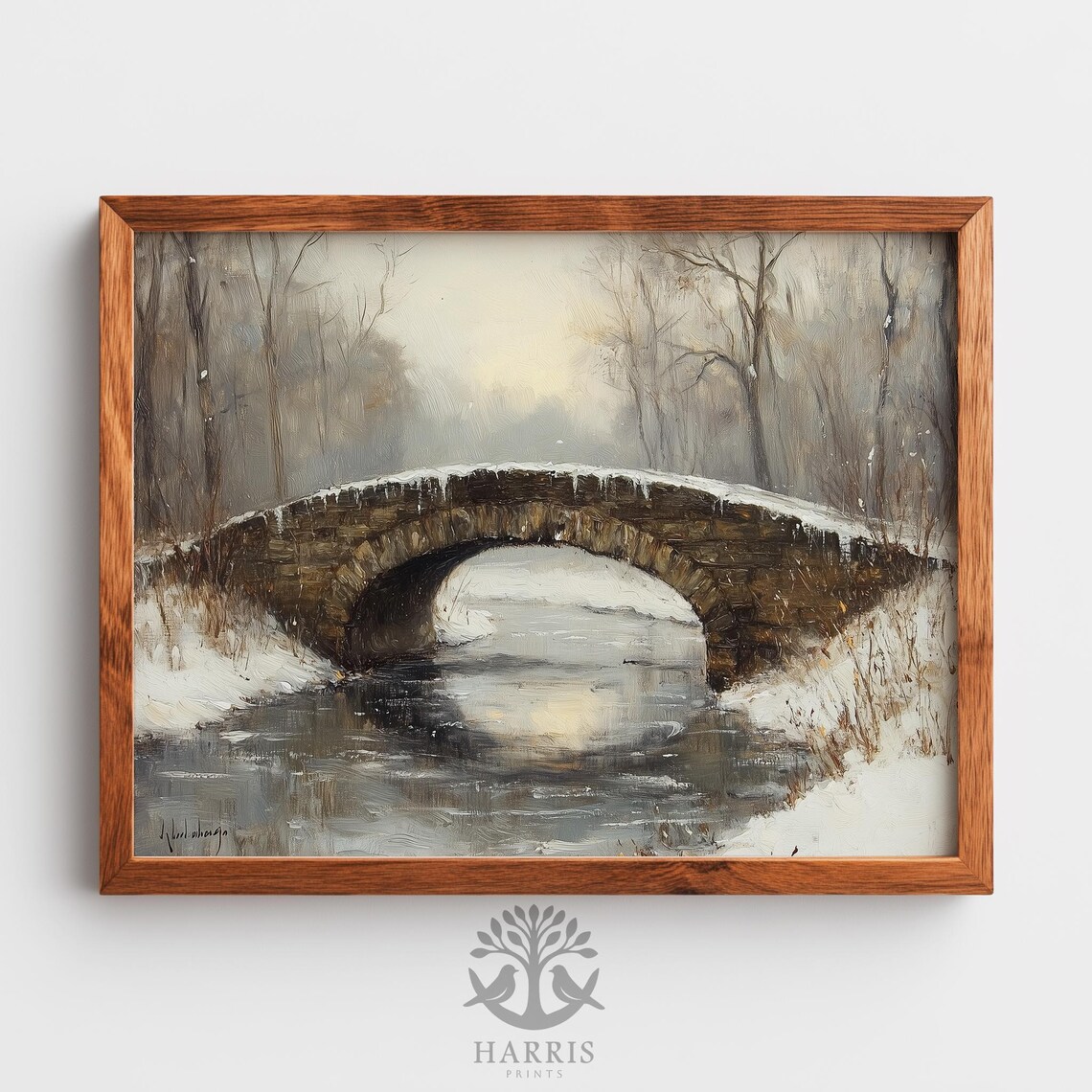 Winter Stone Bridge Over Icy Stream Vintage Snowy Landscape Print
