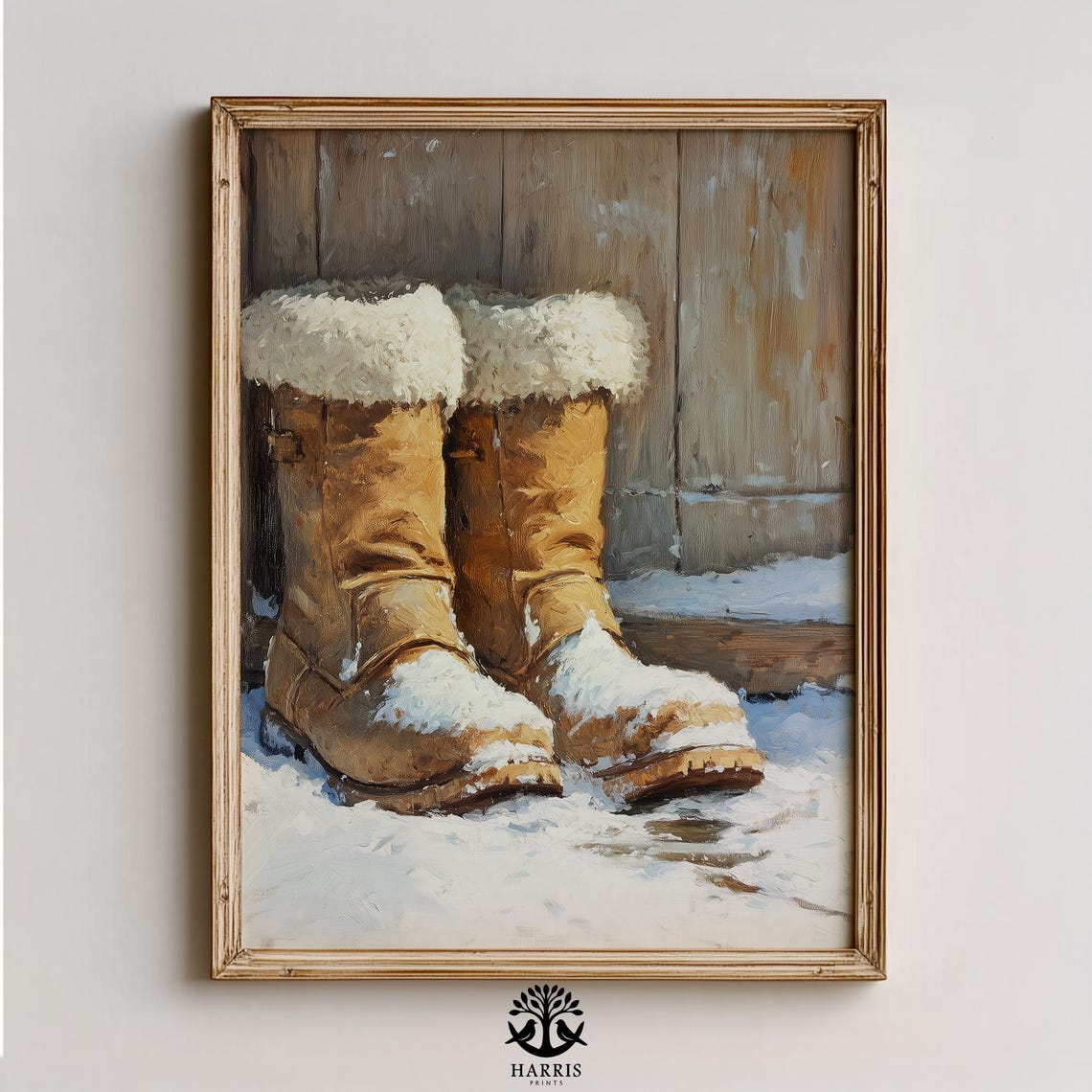 Fur Trimmed Winter Boots Standing in Fresh Snow Rustic Wall Art