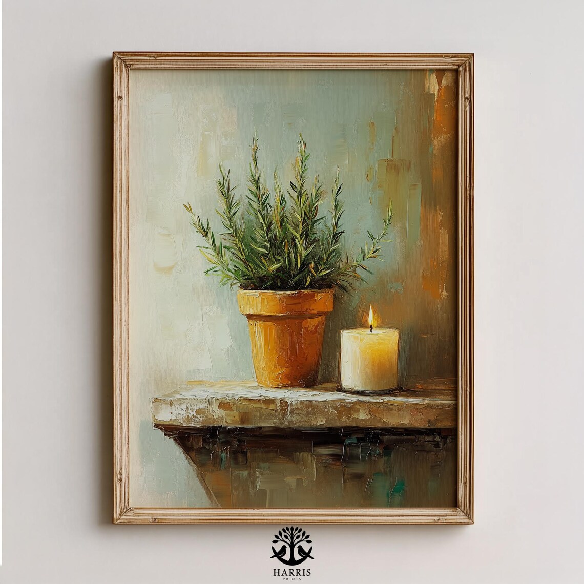 Rustic Rosemary and Candle Winter Still Life Oil Painting Print