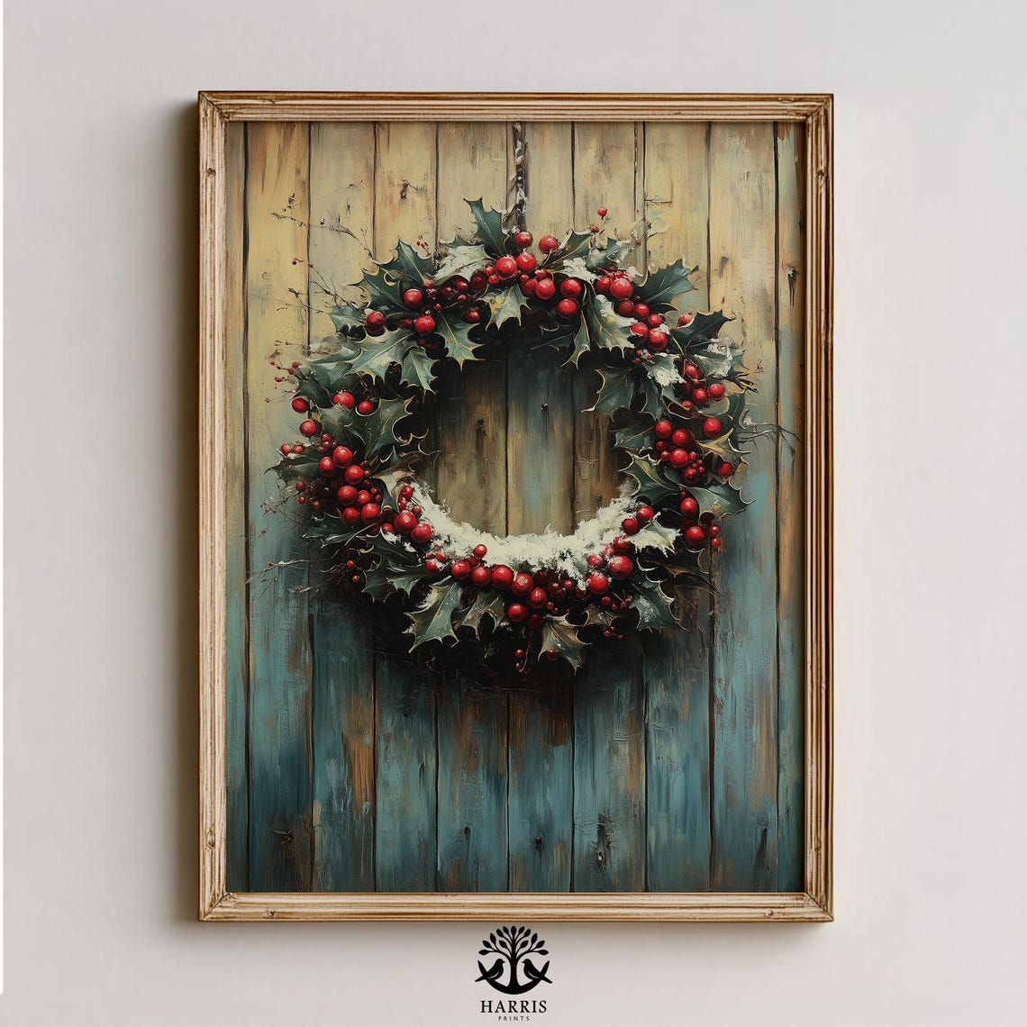 Christmas Holly Wreath Red Berries Snowy Farmhouse Door Poster