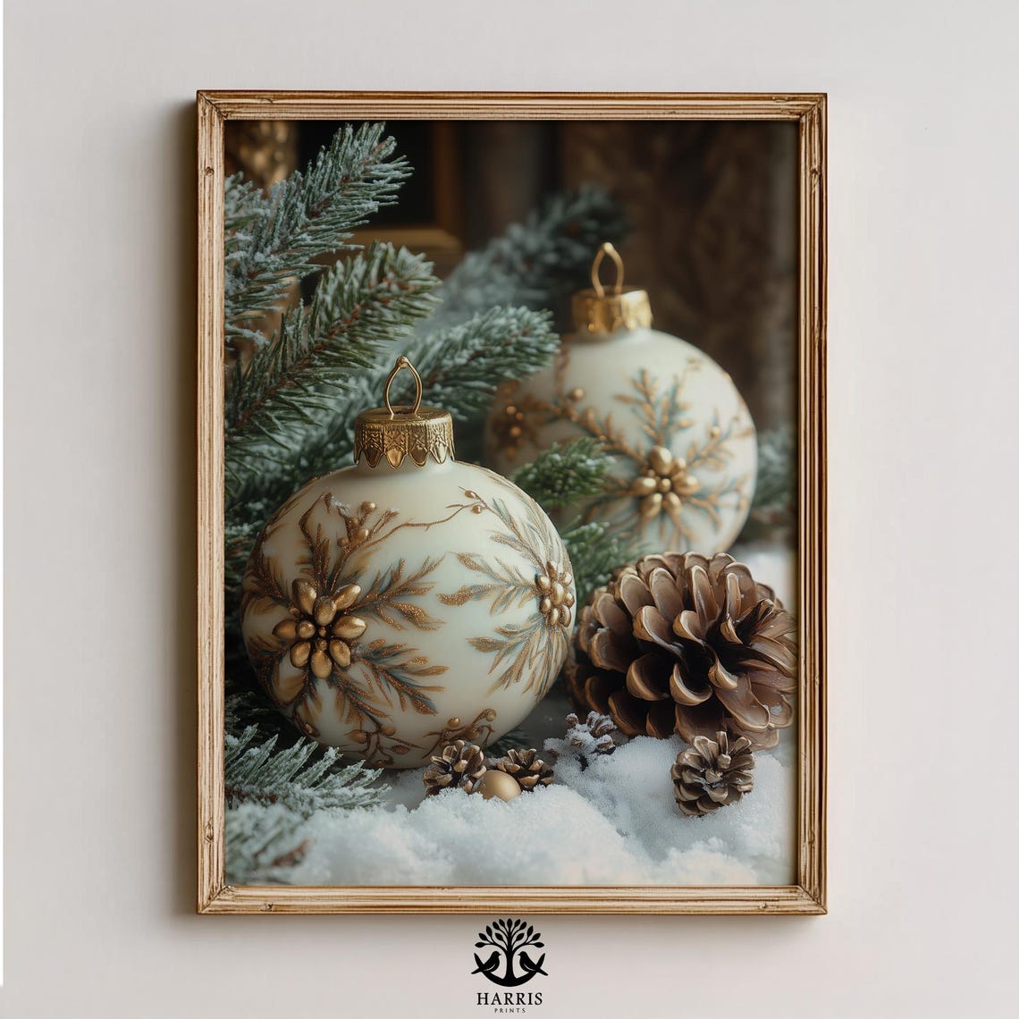 Vintage Christmas Still Life White Gold Ornaments Pinecones Art Poster