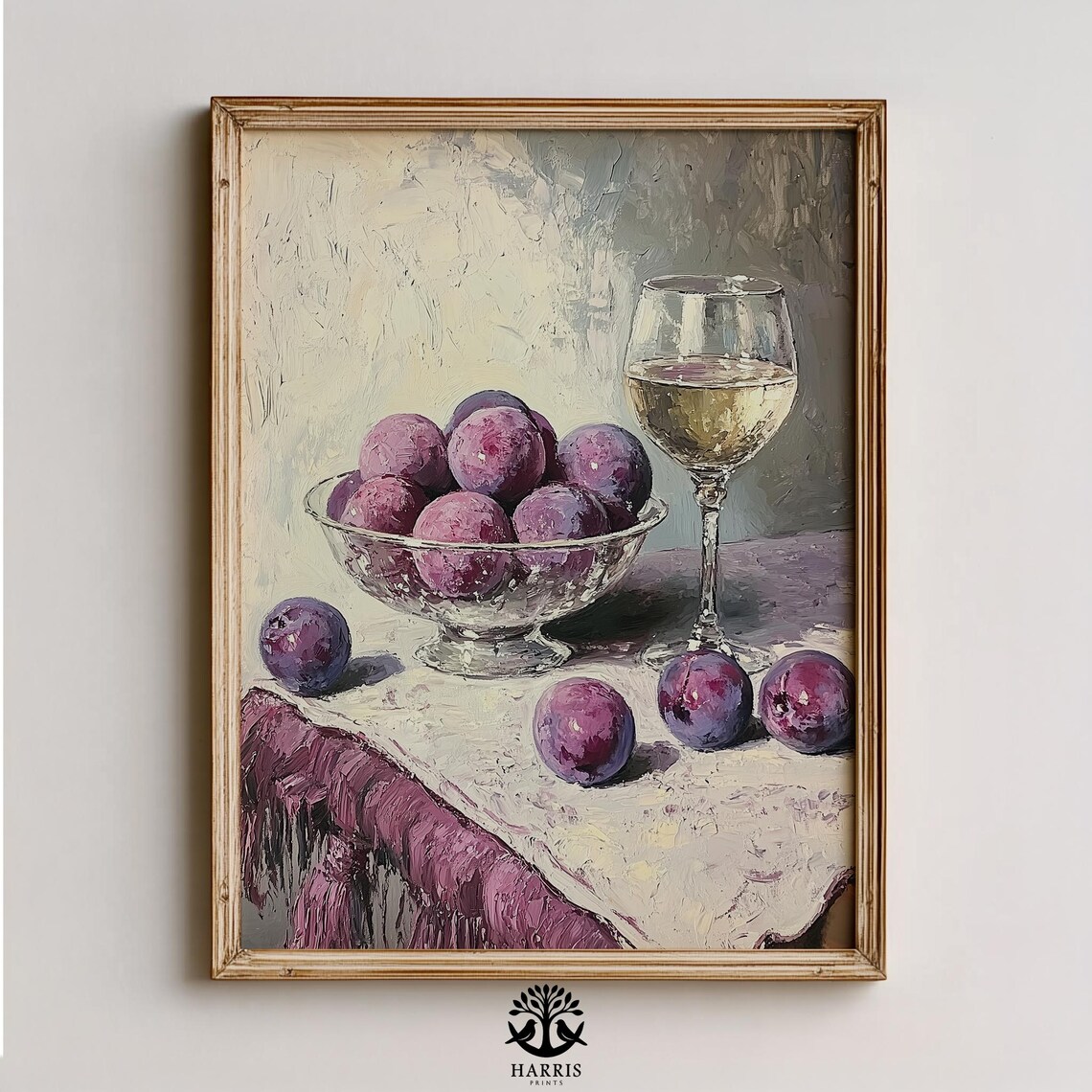 Plums And White Wine Still Life Vintage Kitchen Oil Painting Print