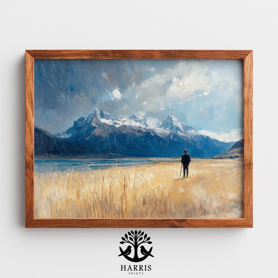 Moody Rustic Landscape Of Solitary Man With Ax Stormy Sky And Mountain Backdrop Painting Windblown Grasses 366