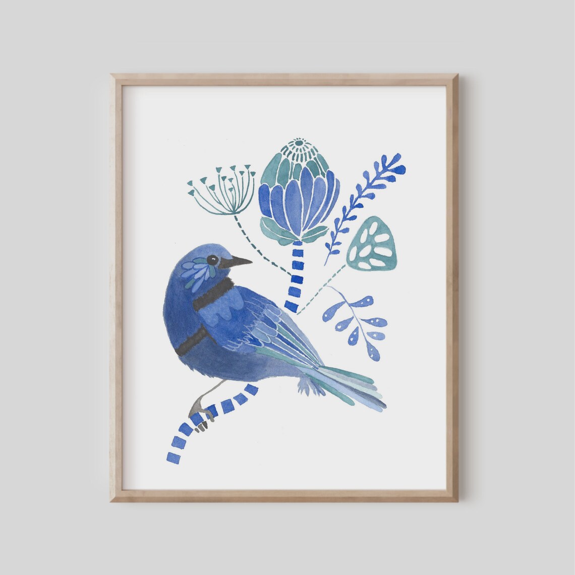 Blue Bird Watercolor Scandinavian Folk Floral Nursery Wall Art