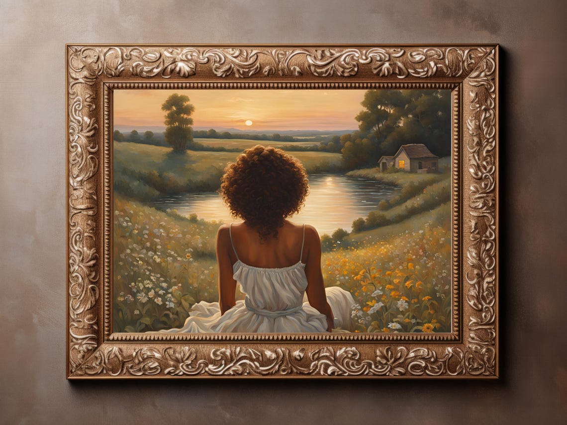 Woman White Dress Sunset Lake Cabin Wildflower Field Painting Poster - Image 5