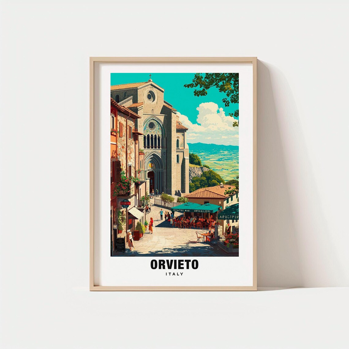 Orvieto Italy Gothic Cathedral Piazza Cafe Retro Travel Poster