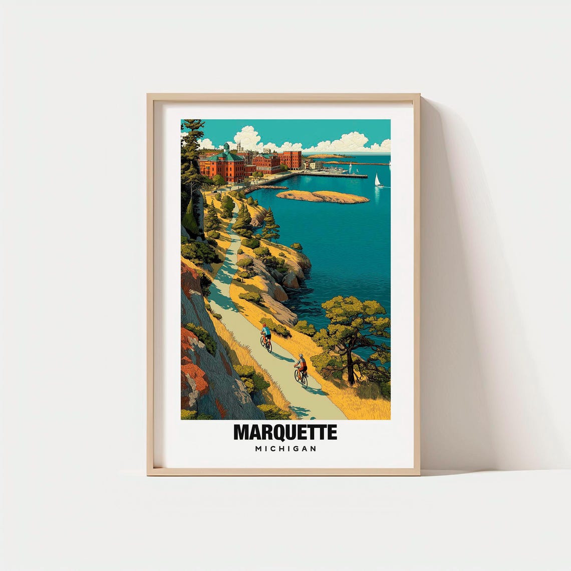 Marquette Michigan Lake Superior Cliff Path Cyclists Town Poster