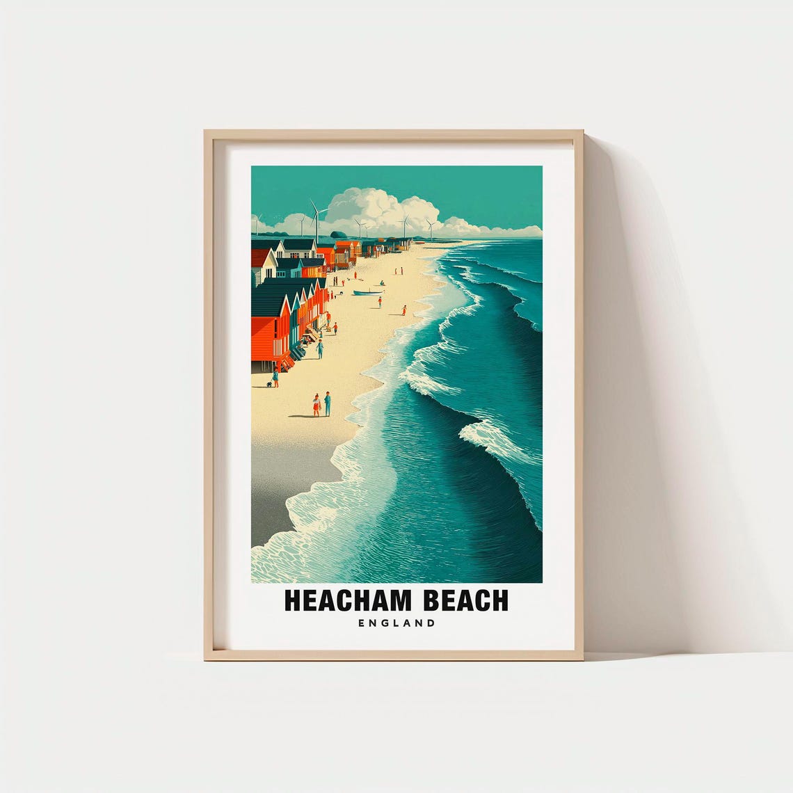 Heacham Beach England Beach Huts Turbines Waves Retro Travel Poster