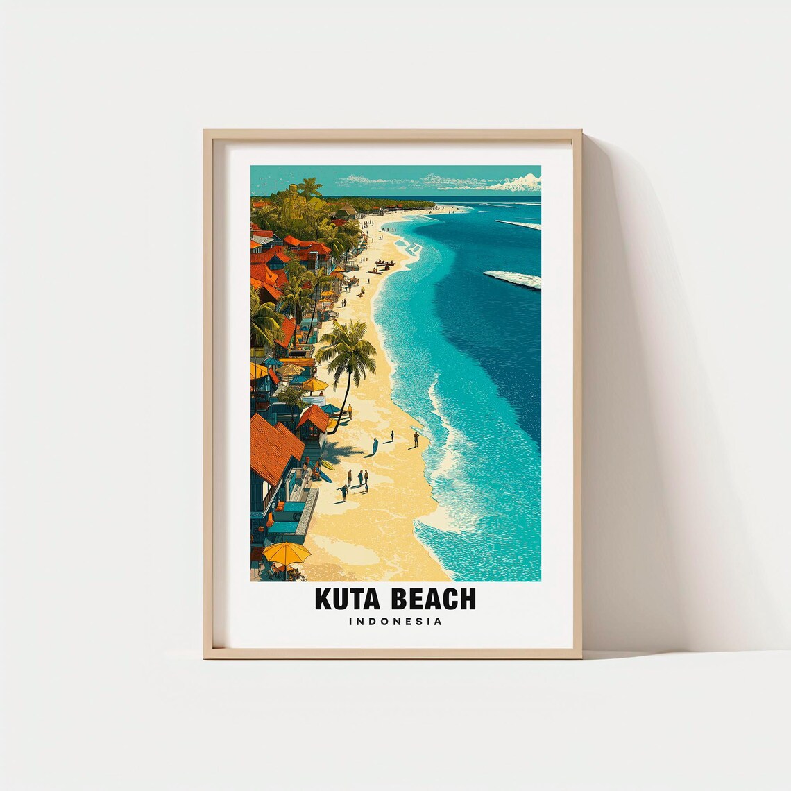 Kuta Beach Bali Aerial Surf Coastline Beachgoers Vintage Travel Poster