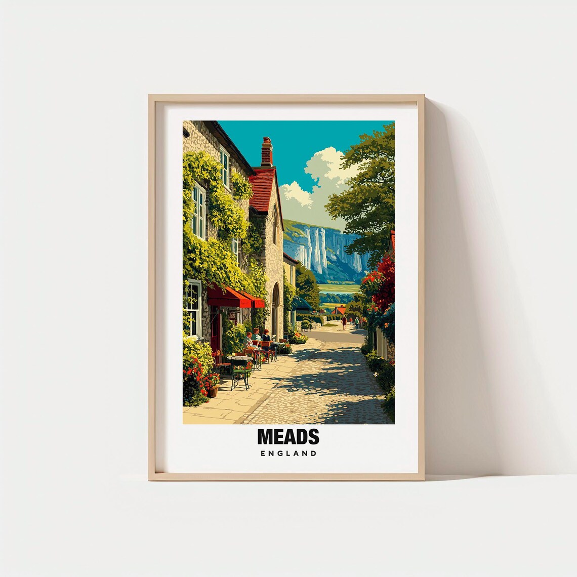 Meads England Village Street Chalk Cliffs Vintage Travel Poster