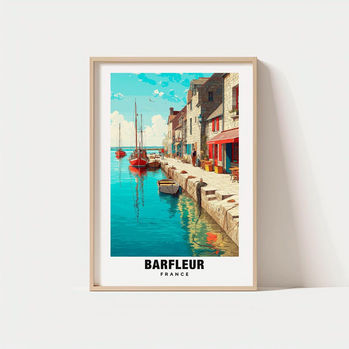 Barfleur France Harbor Boats Stone Quayside Cottages Travel Poster