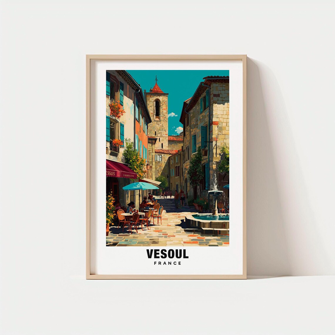 Vesoul France Old Town Square Church Tower Cafe Fountain Poster