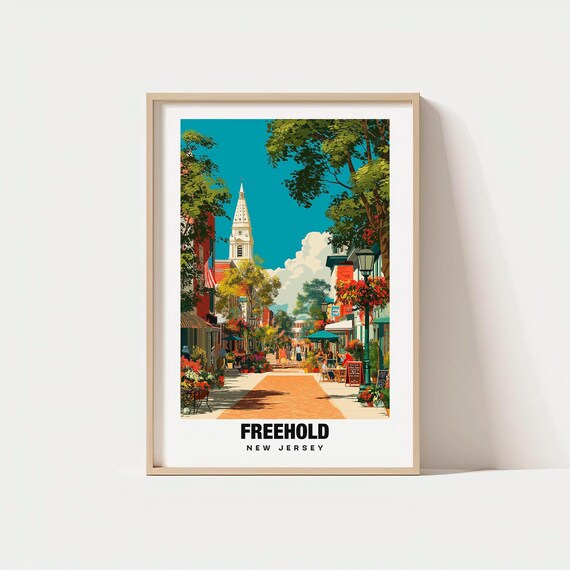 Freehold New Jersey Brick Pedestrian Street with Church Steeple Poster