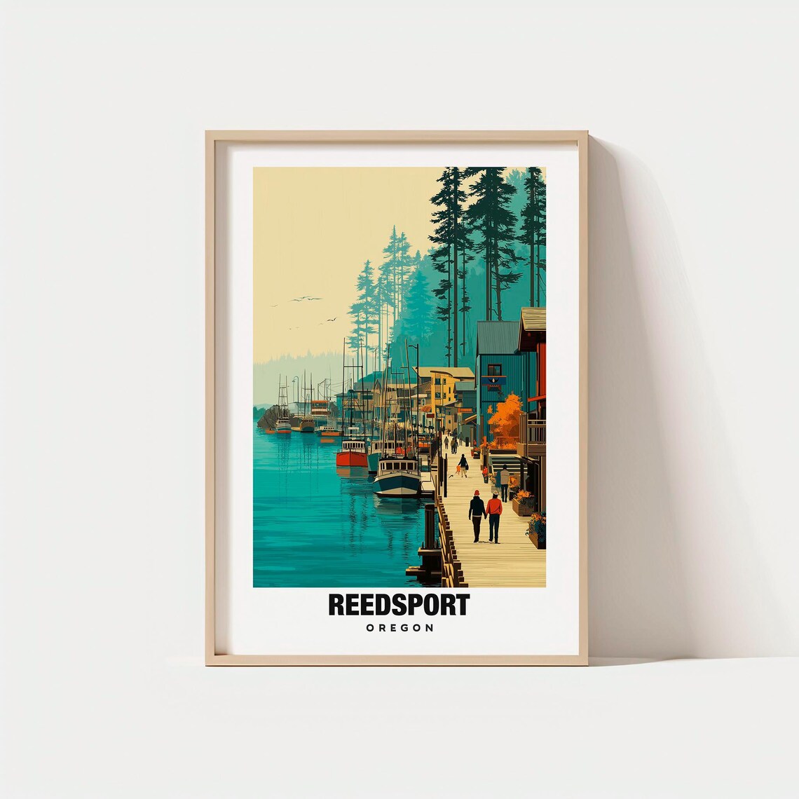Scenic Reedsport Oregon Fishing Port Boardwalk Pines Travel Poster