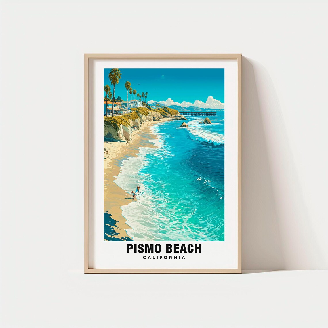 Pismo Beach California Vintage Surf Coast Travel Illustration Poster