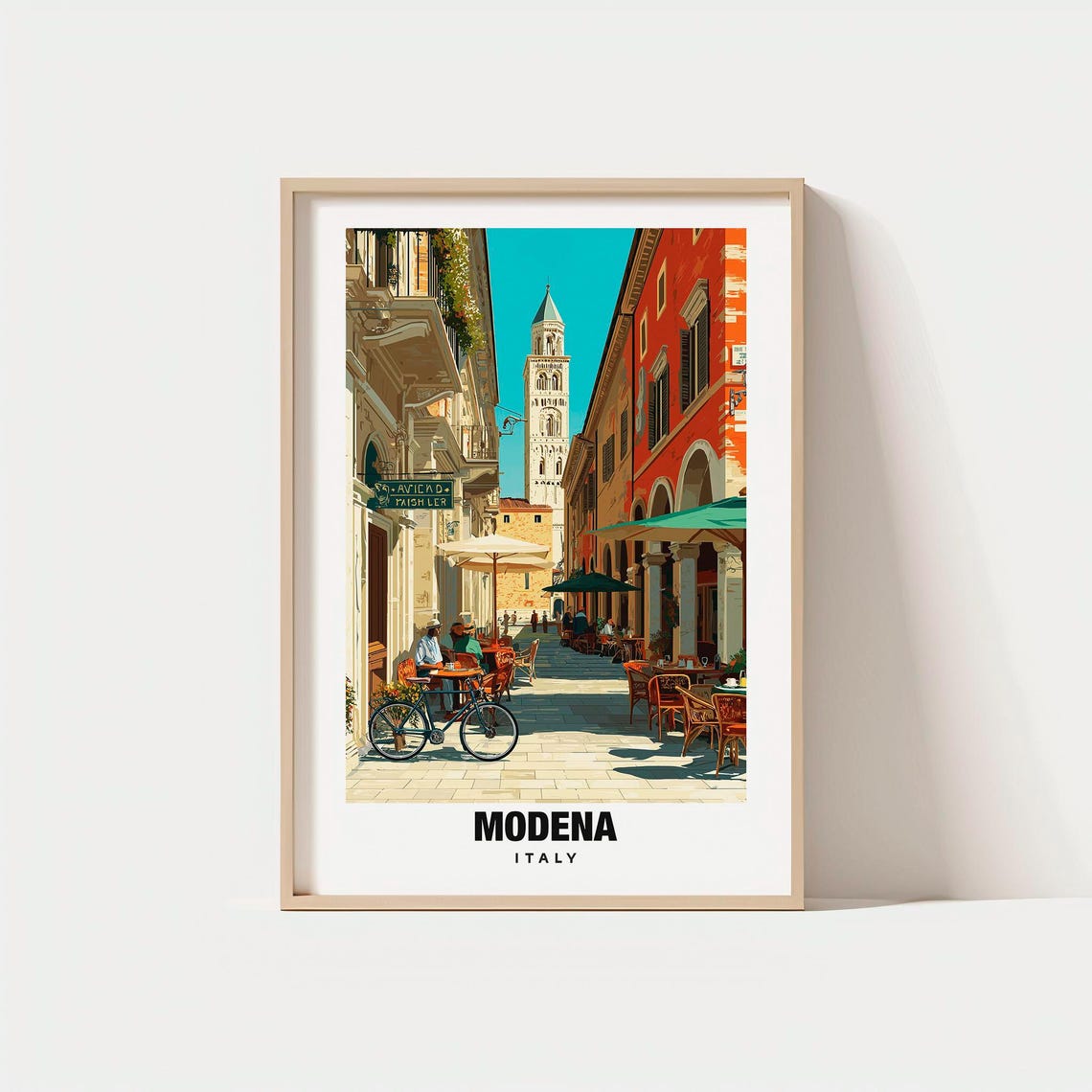 Modena Italy Bell Tower Cafe Street Emilia Romagna Travel Poster