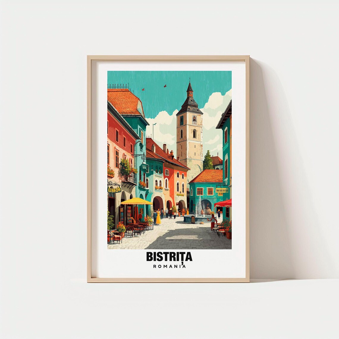 Colorful Bistrita Romania Old Town Square Clock Tower Travel Poster
