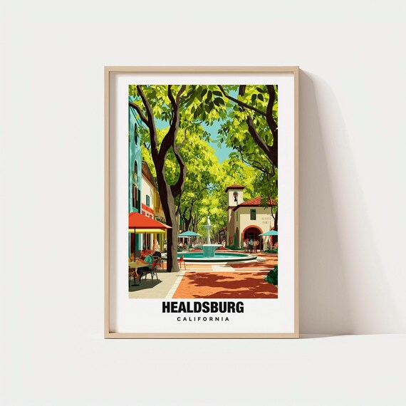 Healdsburg California Shady Plaza Fountain Cafes Bell Tower View Poster