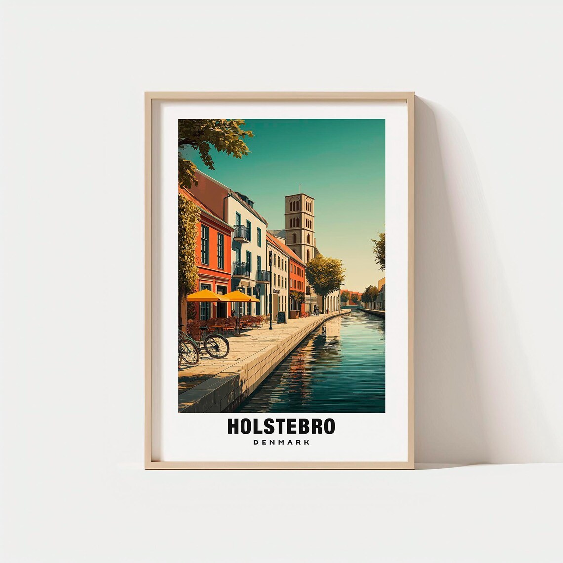 Holstebro Denmark Canal Street Old Town Vintage Travel Art Poster