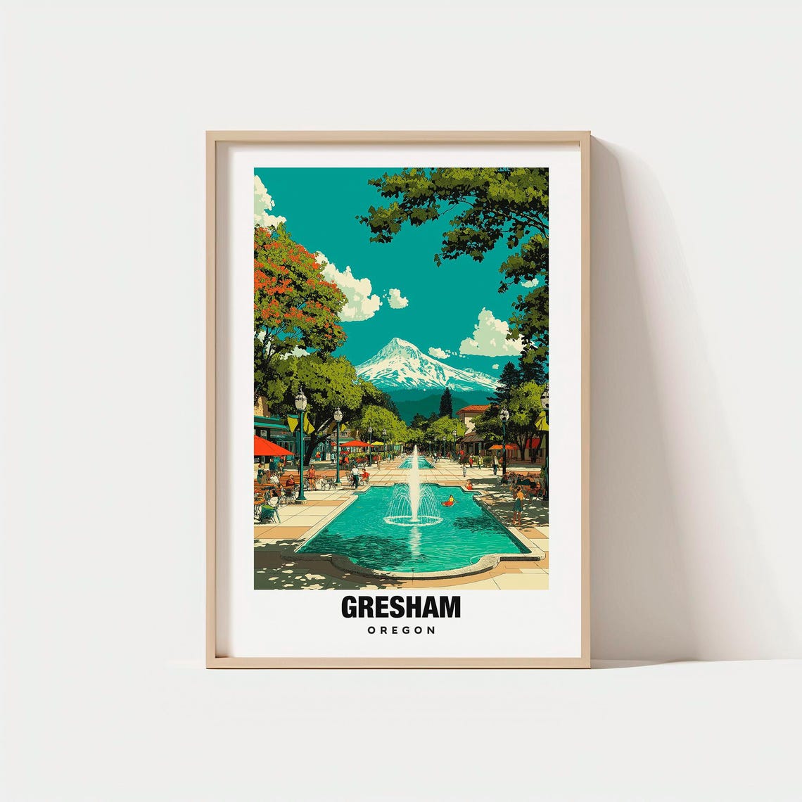 Gresham Oregon Plaza Fountain Shops Mount Hood Snow Peak View Poster
