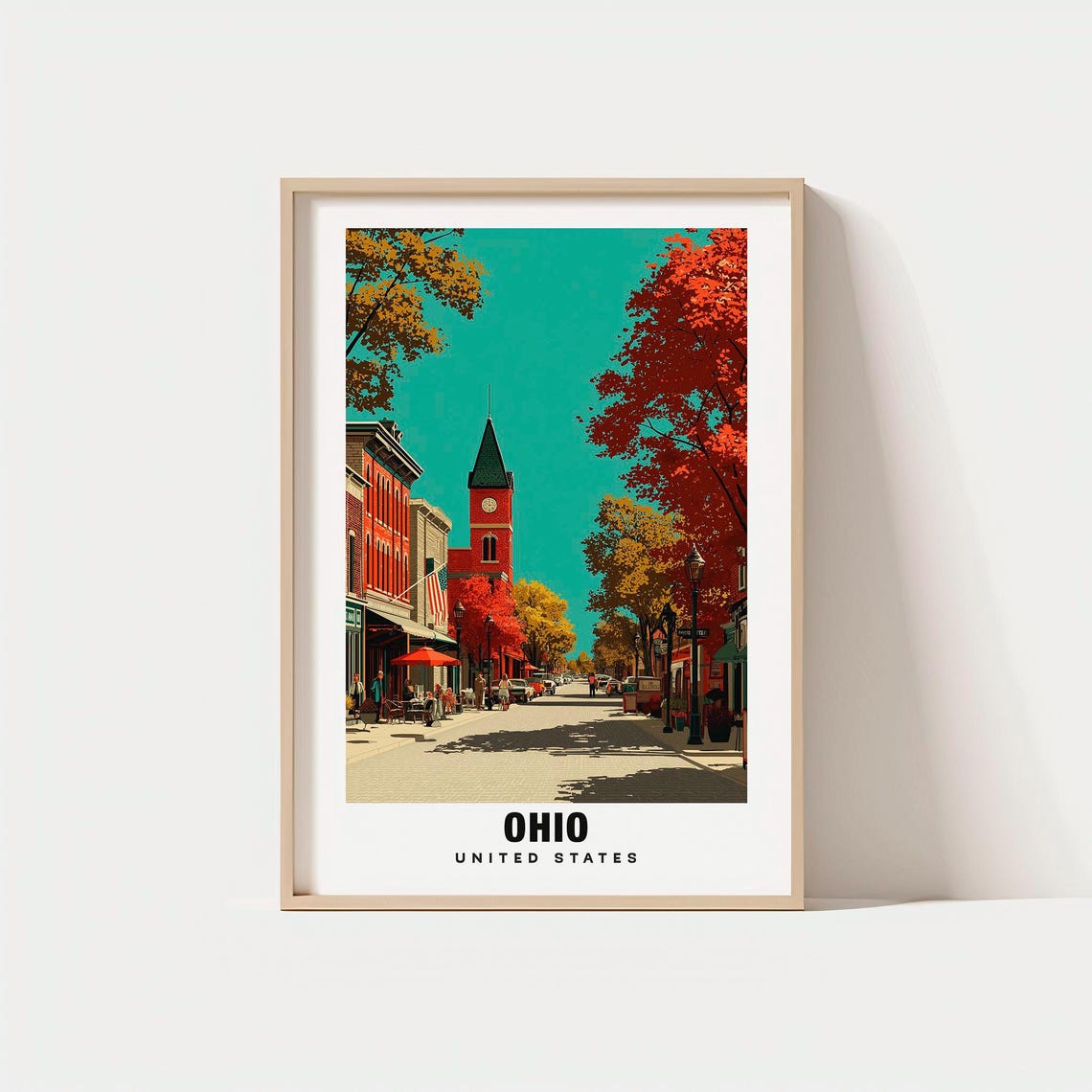 Ohio United States Fall Foliage Main Street Clock Tower Vintage Poster