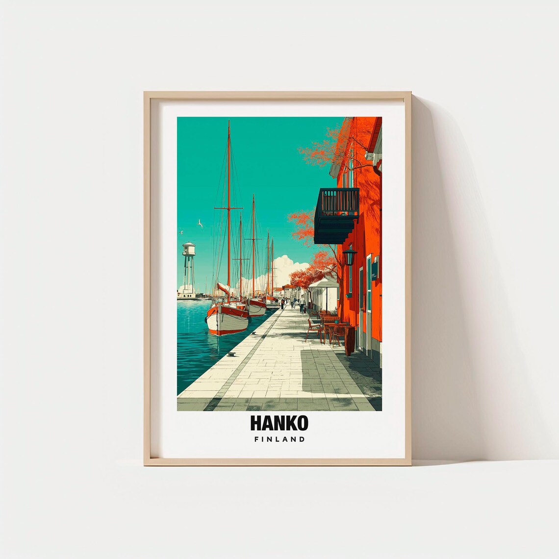 Hanko Finland Harbor Tall Ships Red Waterfront Travel Poster