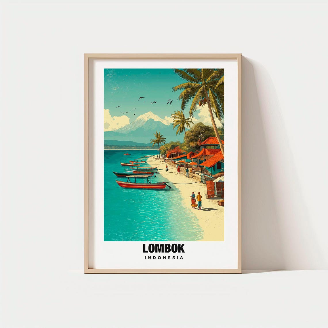 Lombok Indonesia Tropical Beach Volcano Fishing Boat Scene Poster