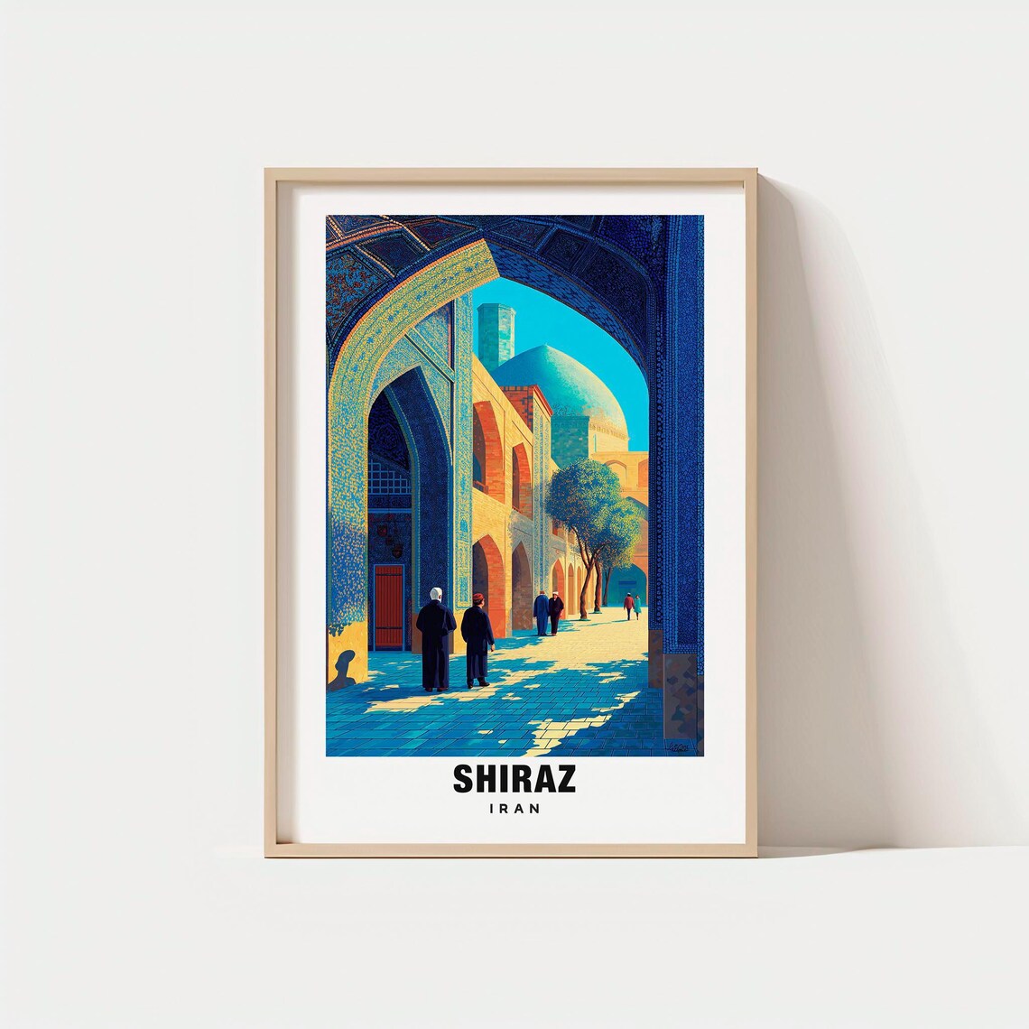 Shiraz Iran Blue Tiled Mosque Courtyard Vintage Travel Poster