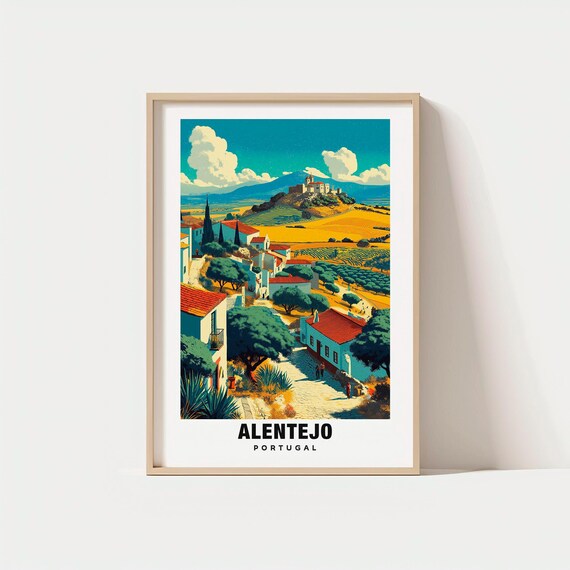Alentejo Portugal Rolling Hills Village Vineyard Golden Travel Poster