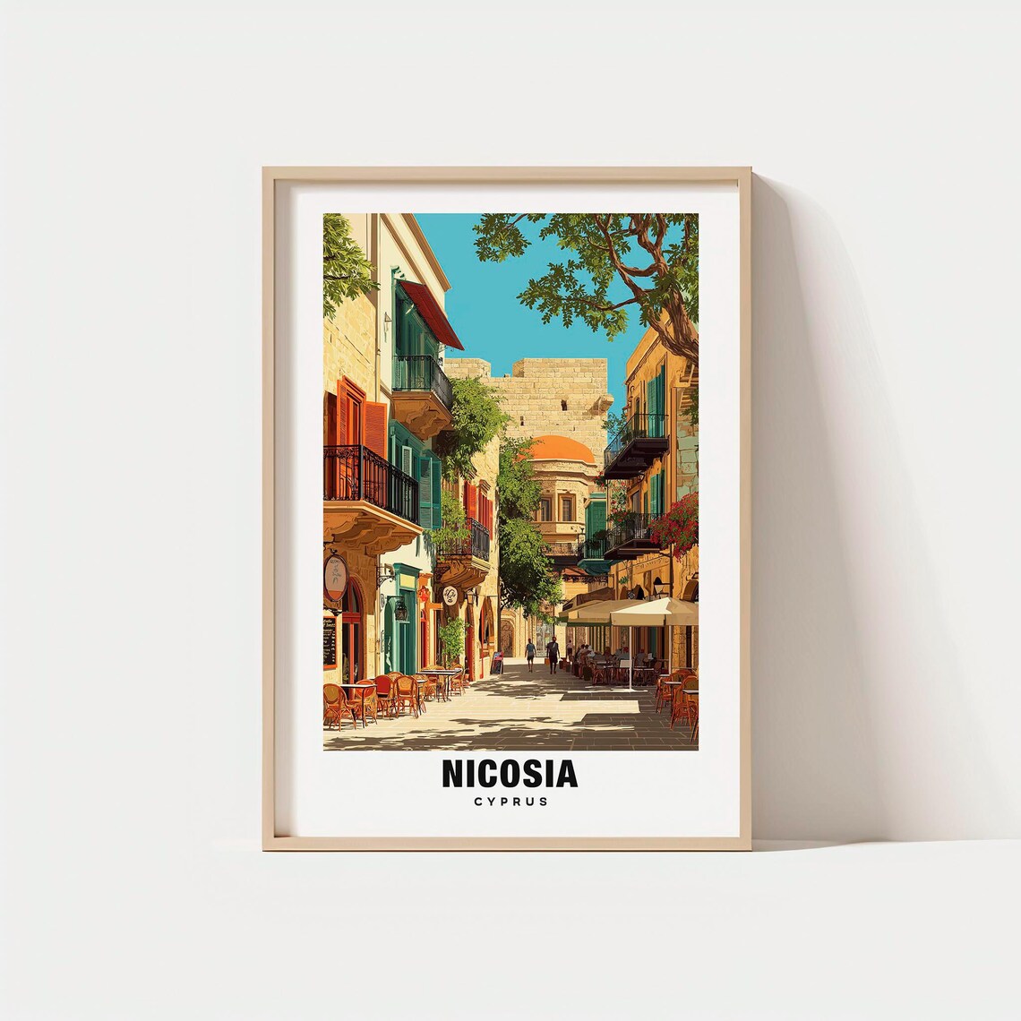 Nicosia Cyprus Historic Old Town Cafe Street Scene Travel Poster